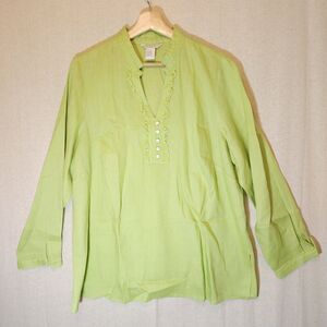 Tweeds Woman 100% Linen Tunic Top Lime Green V-Neck Long Sleeve 1X